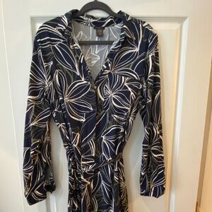 Ann Taylor Factory belted dress blue, tan and white button down front size L